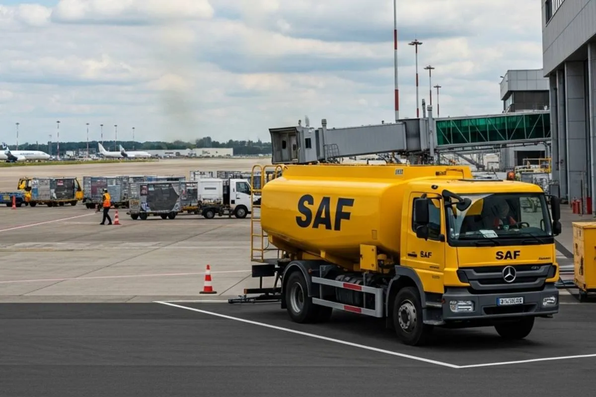 Imagem mostra um caminhão que abastece aeronaves estacionado em um aeroporto.