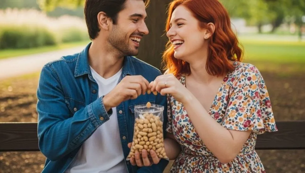 Imagem mostra um casal de namorados apaixonado comendo amendoim em um parque.