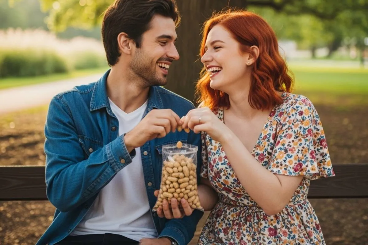 Imagem mostra um casal de namorados apaixonado comendo amendoim em um parque.