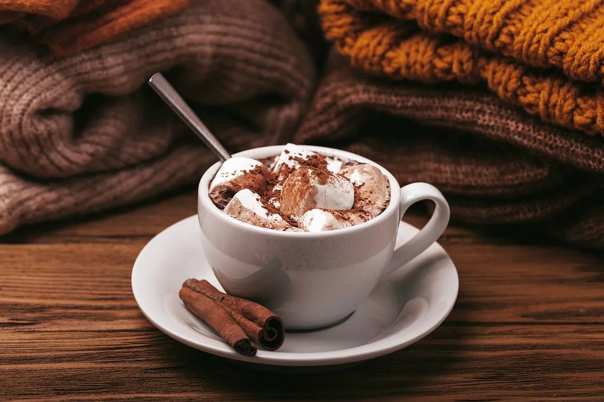 Imagem mostra uma xícara de chocolate quente, com mantas dobradas ao fundo