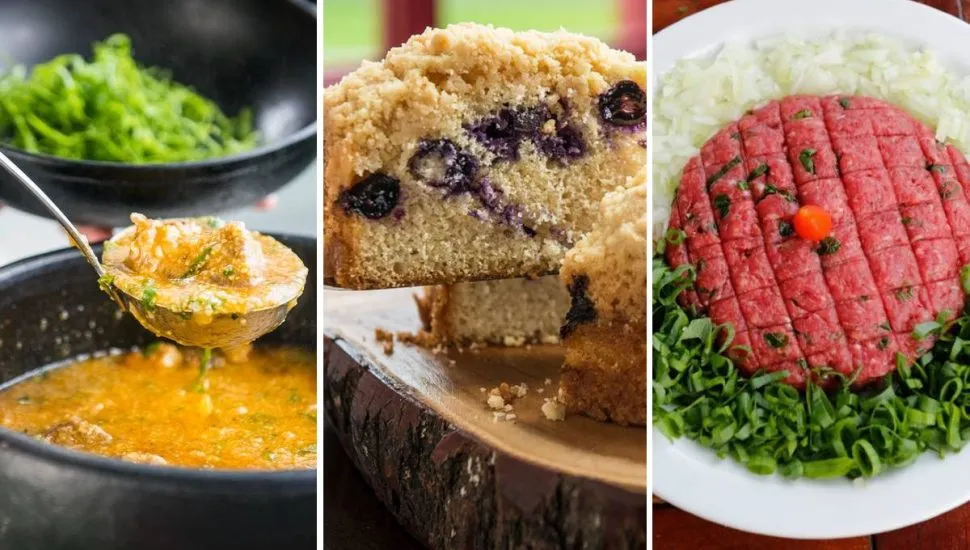 Montagem mostra: quirera com costelinha, Cuca de Uva e a famosa carne de onça curitibana.