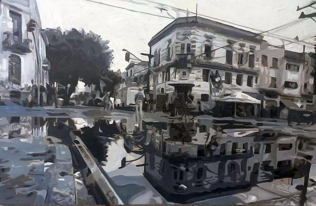 imagem é a obra que será exposta em Portugal. Retrata uma esquina de São Paulo com movimento constante de pessoas