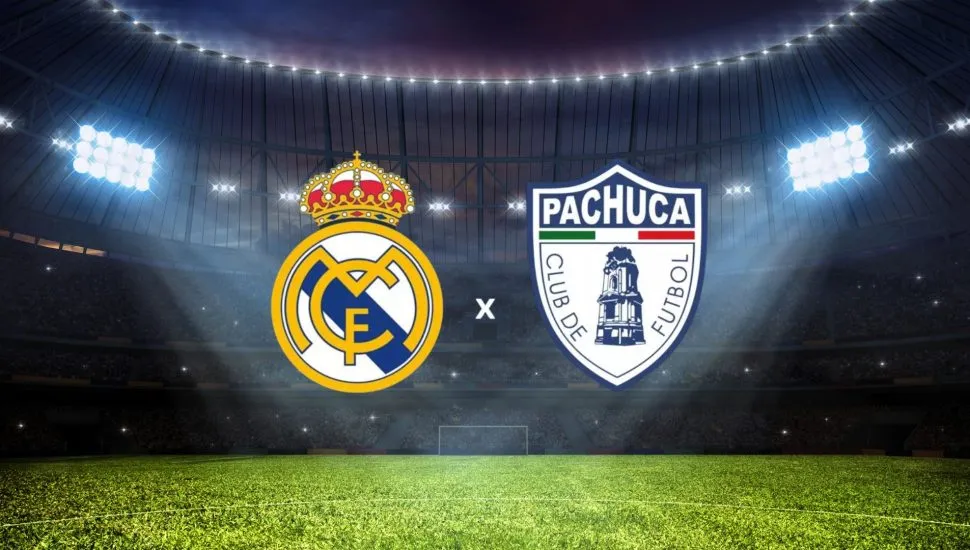 Imagem mostra brasão dos times Veja onde assistir o jogo do Real Madrid x Pachuca que se enfrentam neste domingo (22/06) pelo Mundial de Clubes. Foto: Dmitry Rukhlenko/Canva