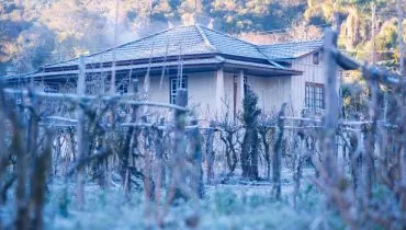 Imagem mostra uma casa em um local com muito frio. Há geada no telhado e galhos secos.