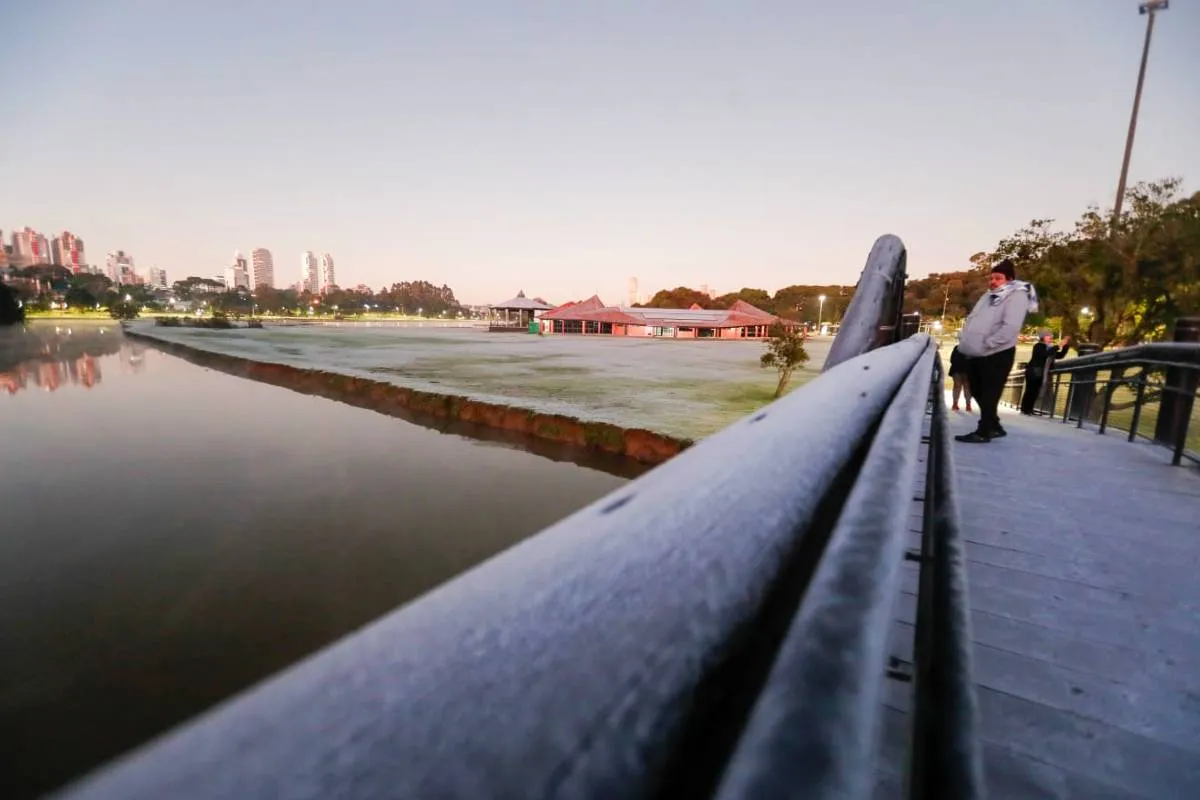 Imagem mostra registros de Geada em Curitiba, no Parque Barigui.