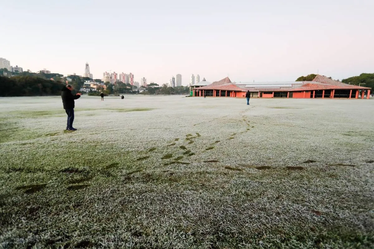 Imagem mostra registros de Geada em Curitiba, no Parque Barigui.