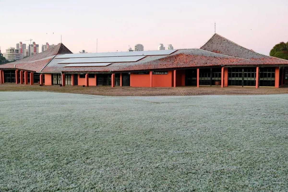 Imagem mostra registros de Geada em Curitiba, no Parque Barigui.