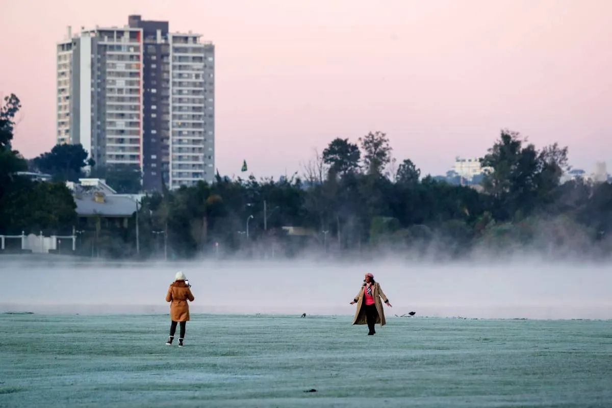 Imagem mostra registros de Geada em Curitiba, no Parque Barigui.