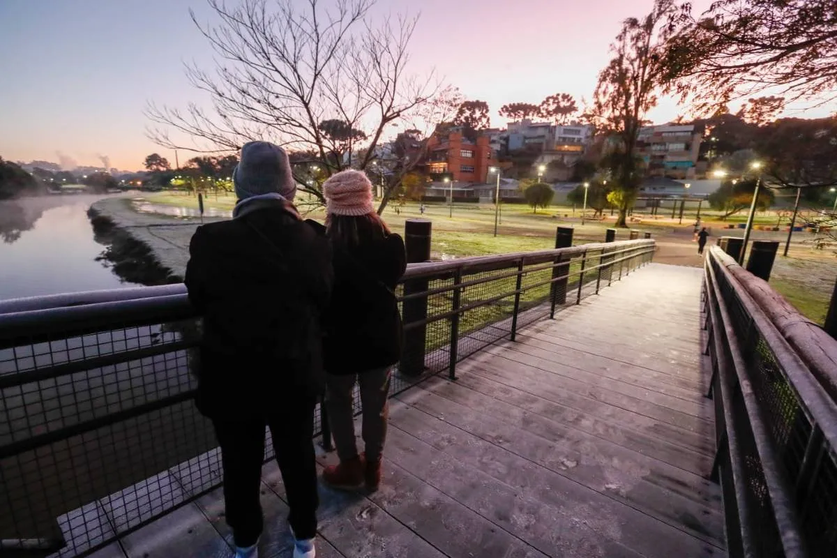 Imagem mostra registros de Geada em Curitiba, no Parque Barigui.