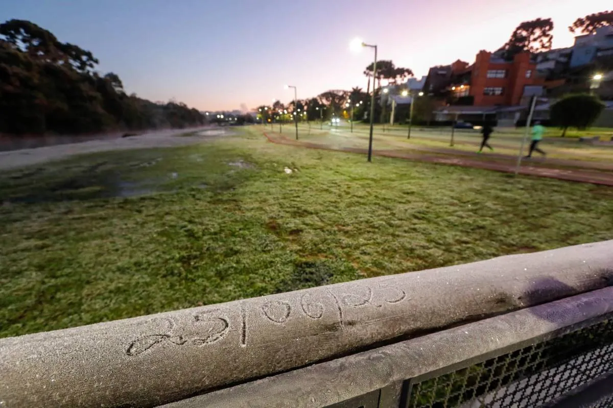 Imagem mostra registros de Geada em Curitiba, no Parque Barigui.