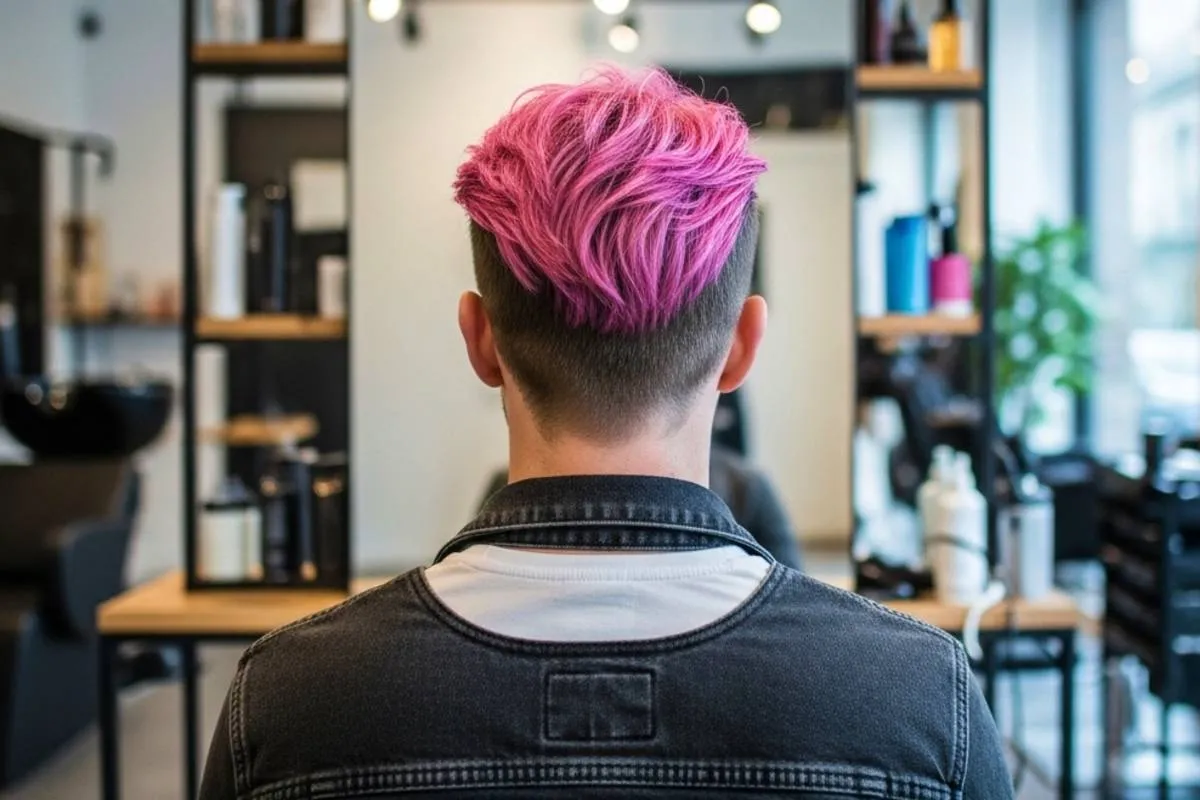Imagem mostra um homem com a parte de cima do cabelo pistado de rosa.