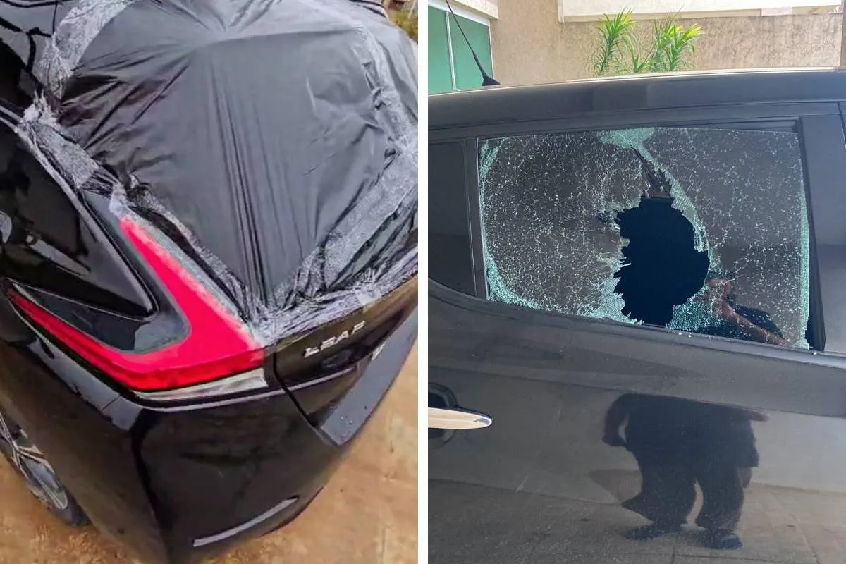 imagens mostram o estado em que ficou o carro alugado pelo motorista de aplicativo