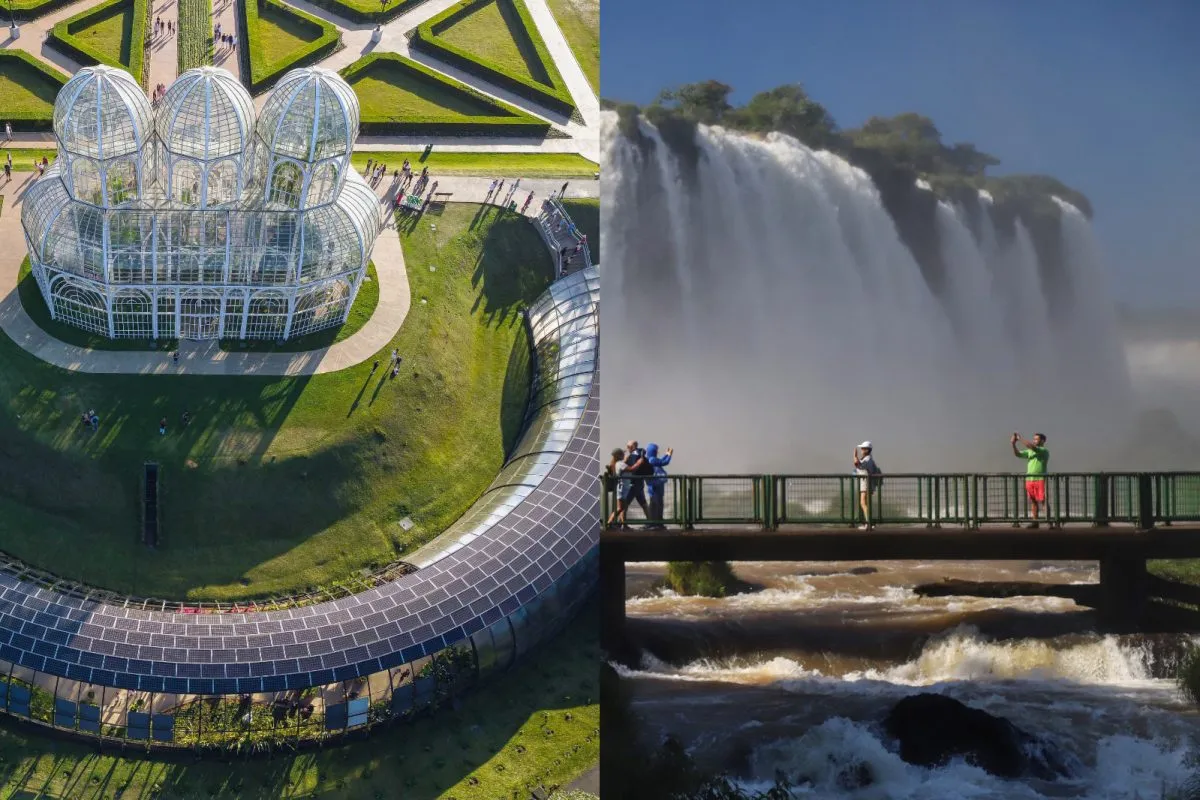 Imagem mostra Jardim Botânico de Curitiba e Cataratas do Iguaçu