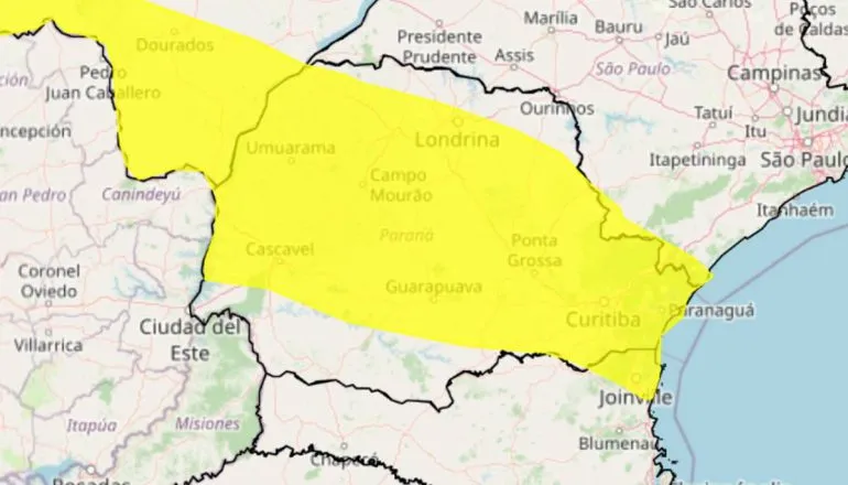 Imagem mostra o alerta amarelo futuro de chuva intensa abrangendo Curitiba. 