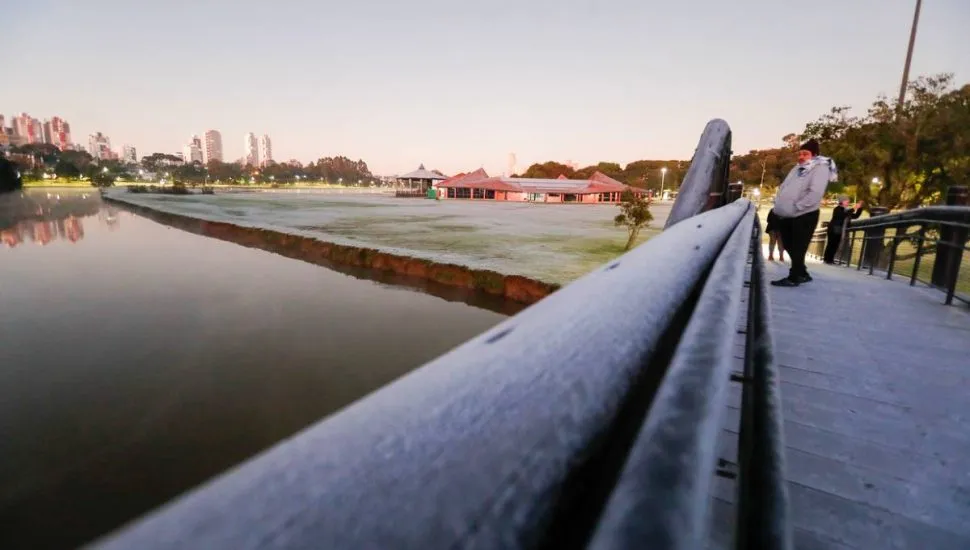 Imagem mostra um registro de geada feito no Parque Barigui, em Curitiba.