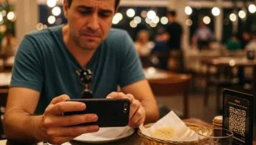 Imagem mostra um cliente em um restaurante tendo que escolher sua refeição por meio de um QR code.