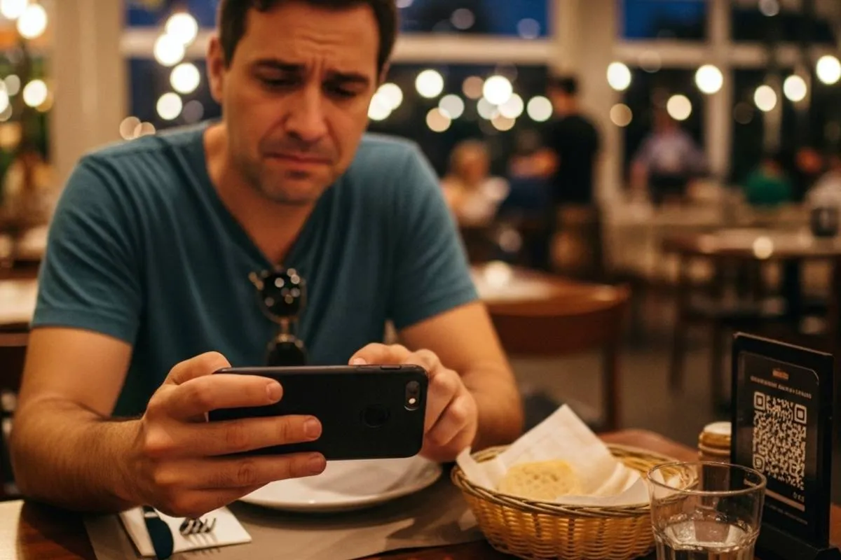 Imagem mostra um cliente em um restaurante tendo que escolher sua refeição por meio de um QR code.