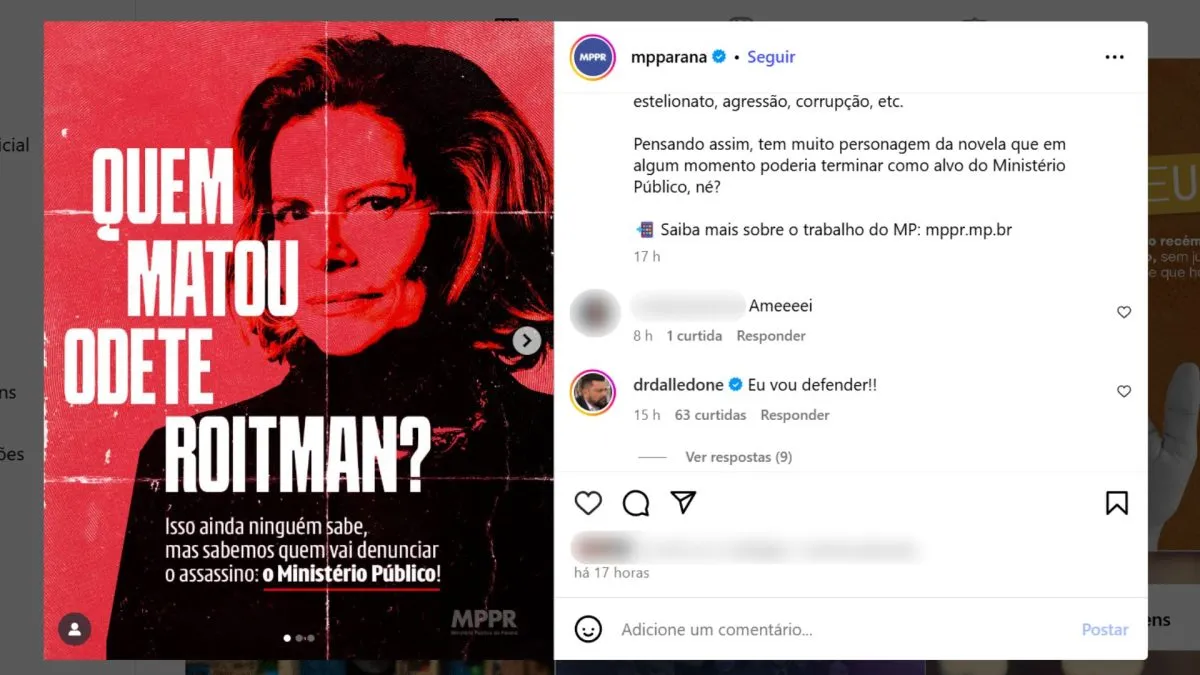 Quem matou Odete Roitman: Ministério Público do Paraná entra na brincadeira