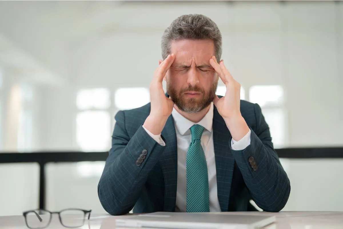 Imagem mostra um homem de terno e gravata com dor de cabeça.