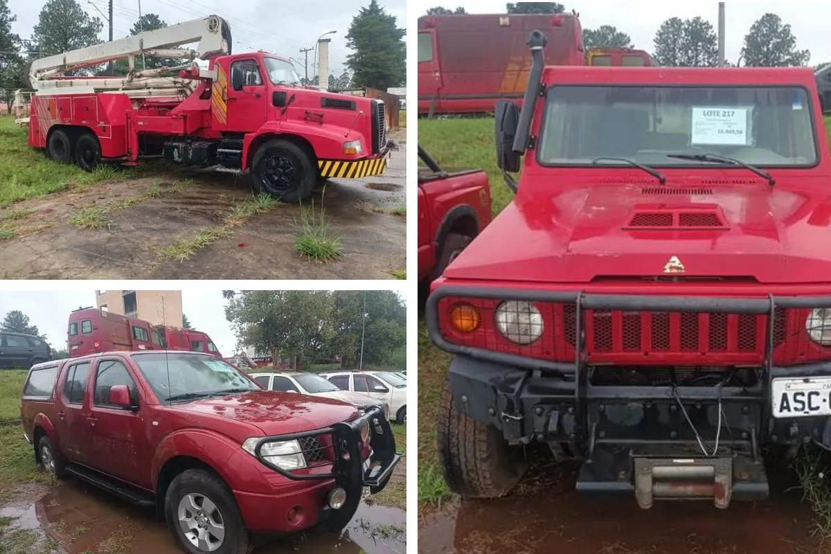 Imagem mostra veículos vermelhos disponíveis em um leilão.