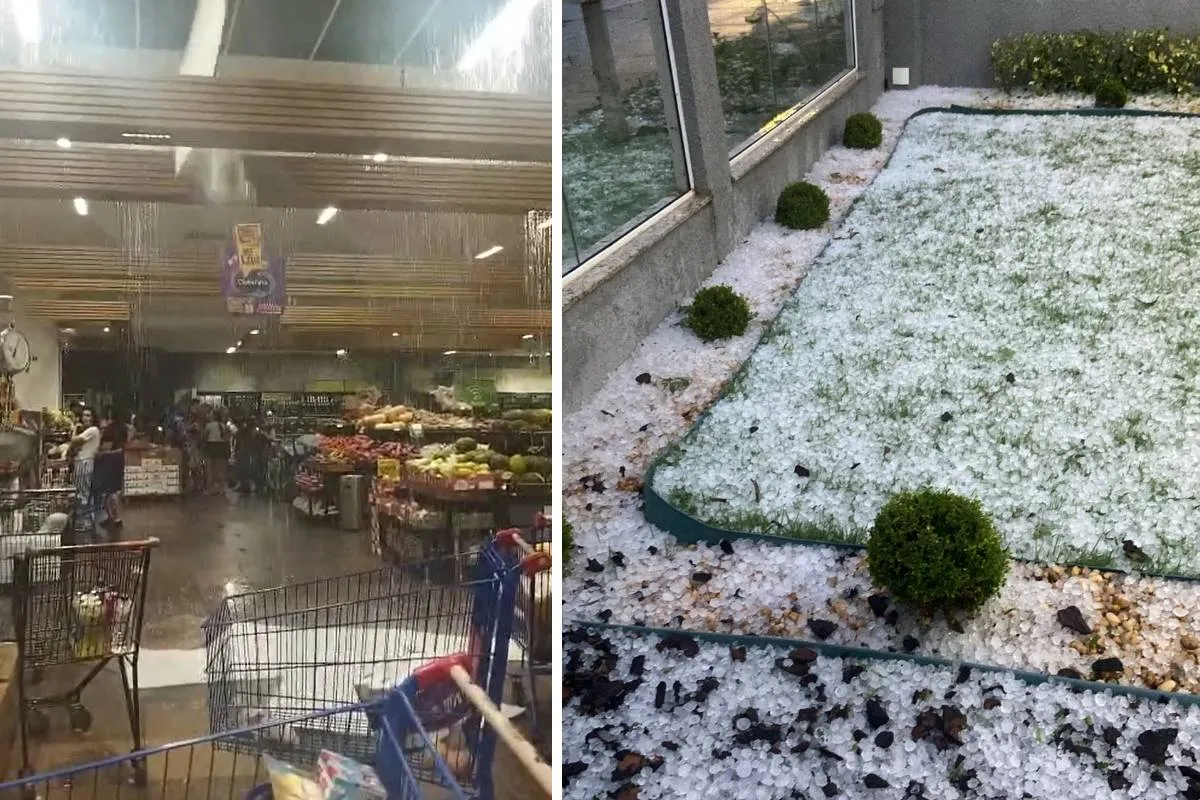 Temporal destruiu telhado de supermercado e deixa Campo Mourão coberta de gelo.