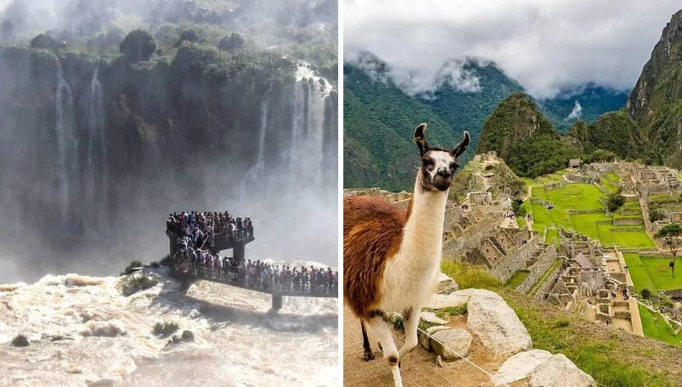 Montagem mostra do lado esquerdo as Cataratas do Iguaçu e, do lado direito, Machu Picchu, no Peru.