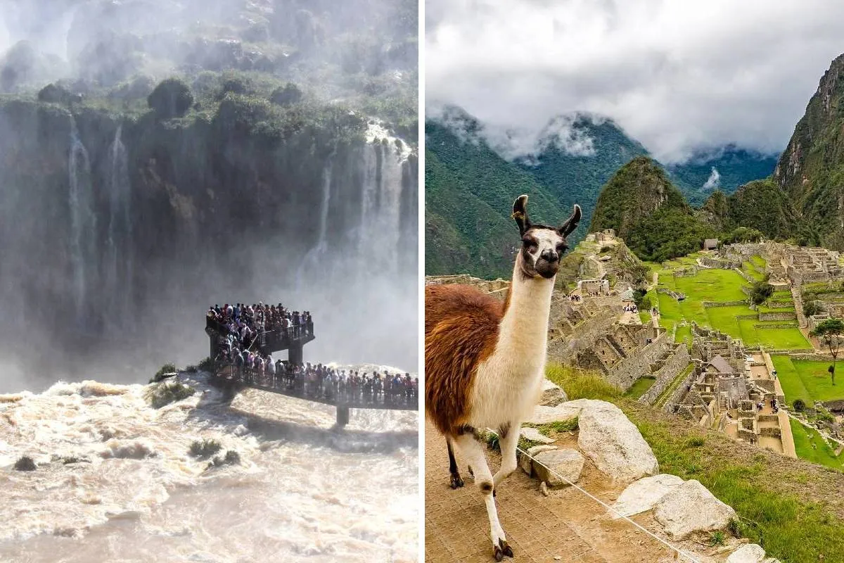 Montagem mostra do lado esquerdo as Cataratas do Iguaçu e, do lado direito, Machu Picchu, no Peru.