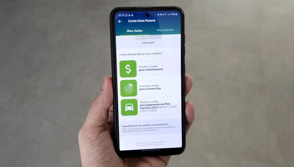 Aplicativo do Nota Paraná e opções de transferência dos créditos