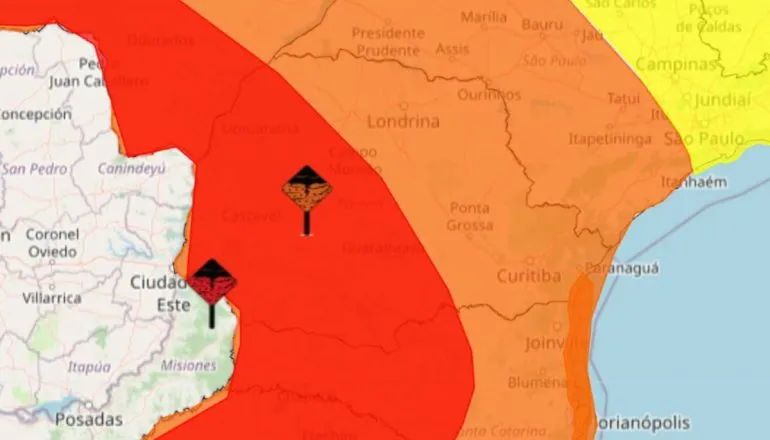 Imagem mostra o mapa do Paraná com alertas vermelho e Laranja.