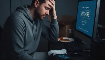 Imagem mostra um homem arrependido na frente do computador após comprar uma coisa cara.