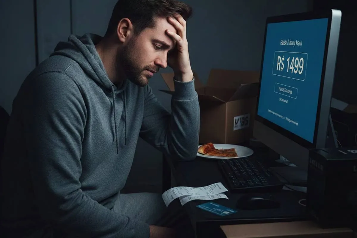 Imagem mostra um homem arrependido na frente do computador após comprar uma coisa cara.