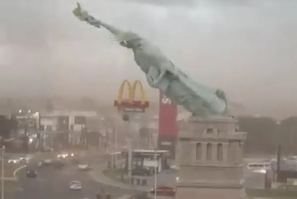Estátua da Havan caiu após temporal no Rio Grande do Sul