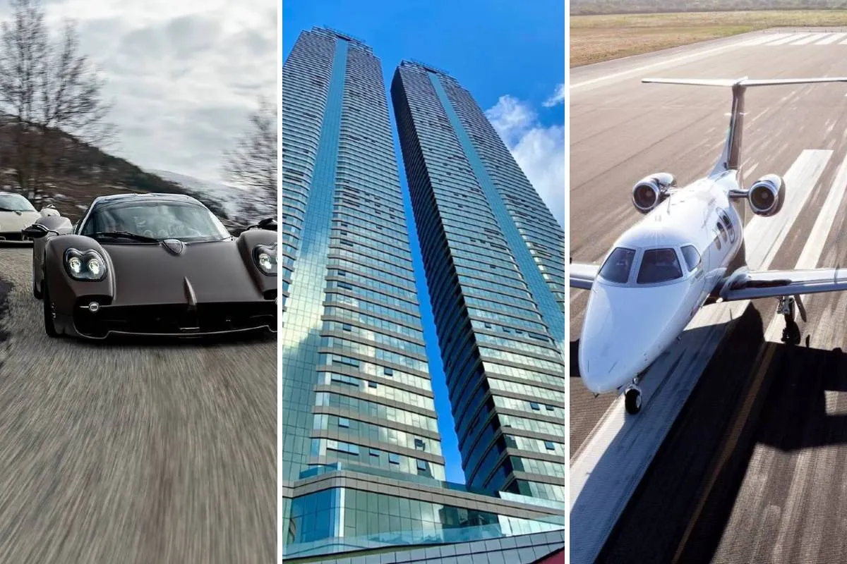 Imagem mostra uma montagem com carro de luxo, apartamento milionário e um avião particular.