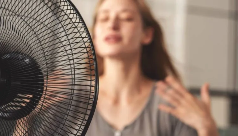 Imagem mostra uma mulher na frente de um ventilador.