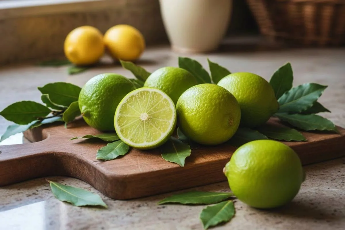 Imagem mostra limões cortados em uma tábua de madeira com folhas de louro em volta.