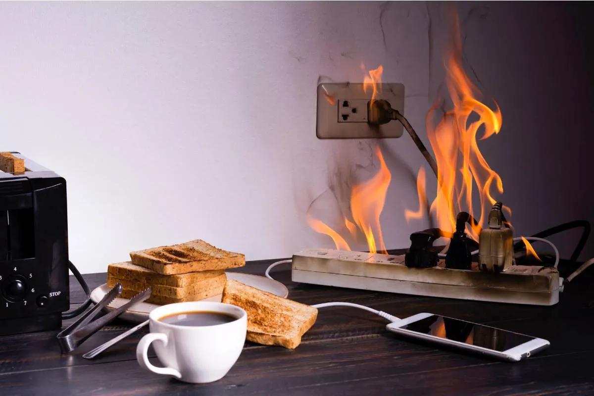 Imagem mostra fogo em uma régua de tomada.