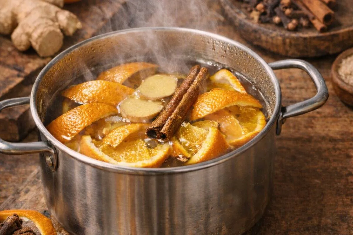 Imagem mostra uma panela com laranja e gengibre sendo fervidos.