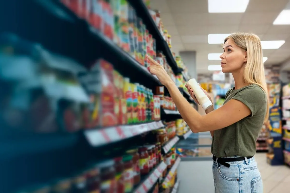 Imagem mostra uma mulher em uma prateleira escolhendo produtos.