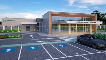 Projeção mostra como será a fachada do novo hospital regional, em Matinhos