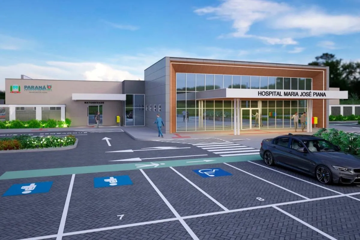 Projeção mostra como será a fachada do novo hospital regional, em Matinhos