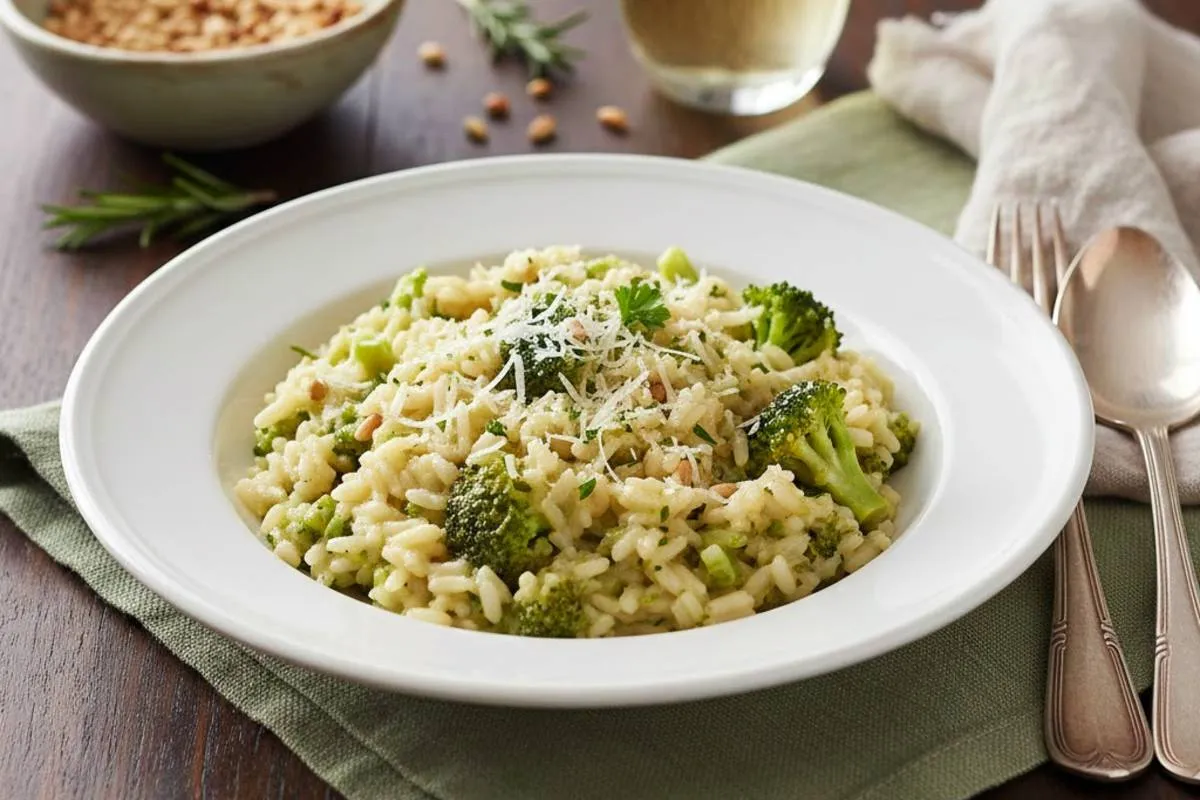 Imagem mostra um saboroso risoto de brócolis.