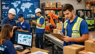 Ambiente de formação prática em logística, com alunos em atividade simulando rotinas de centros de distribuição e cadeia de suprimentos, refletindo a preparação técnica exigida pelo mercado de trabalho no Paraná. 