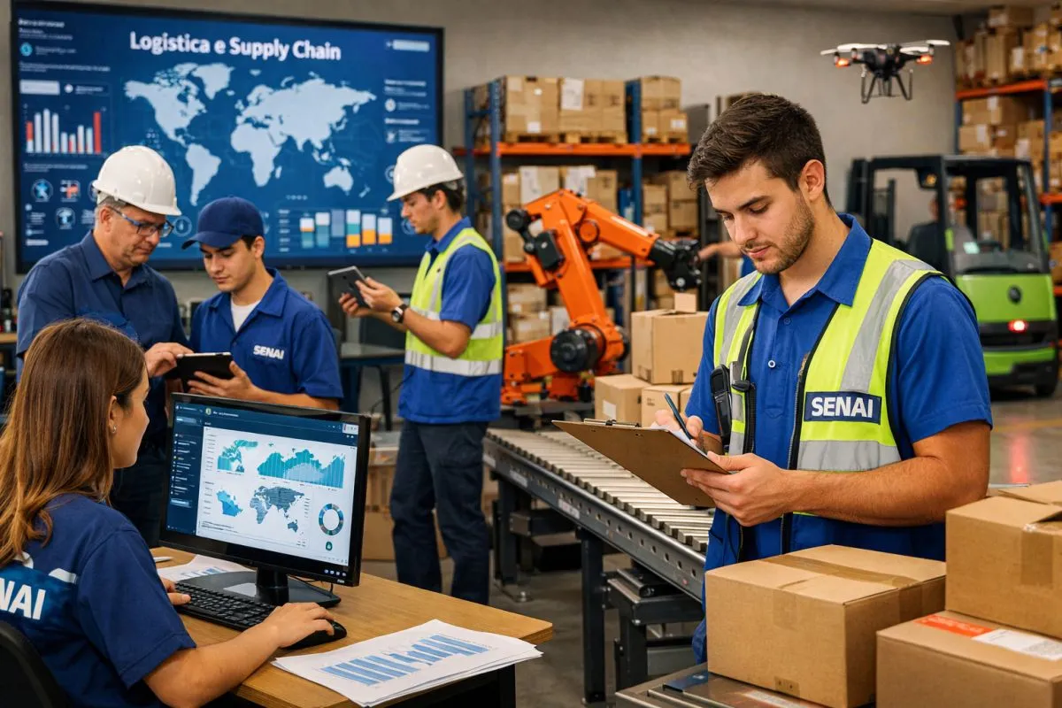 Ambiente de formação prática em logística, com alunos em atividade simulando rotinas de centros de distribuição e cadeia de suprimentos, refletindo a preparação técnica exigida pelo mercado de trabalho no Paraná.