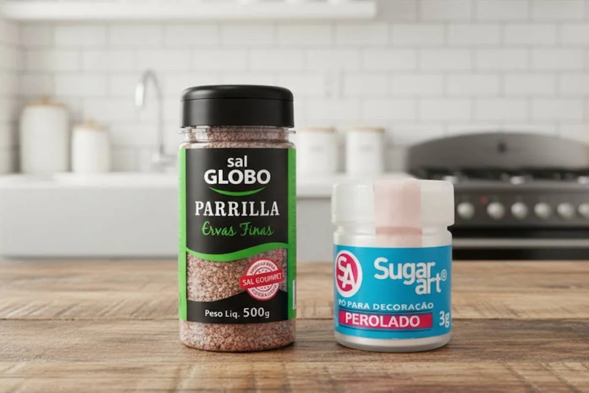 Imagem mostra um Sal e um pó decorativo recolhidos pela Anvisa.