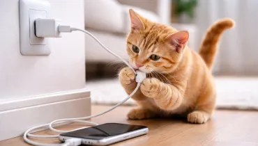 imagem mostra gato mordendo fio de carregador de celular que está na tomada