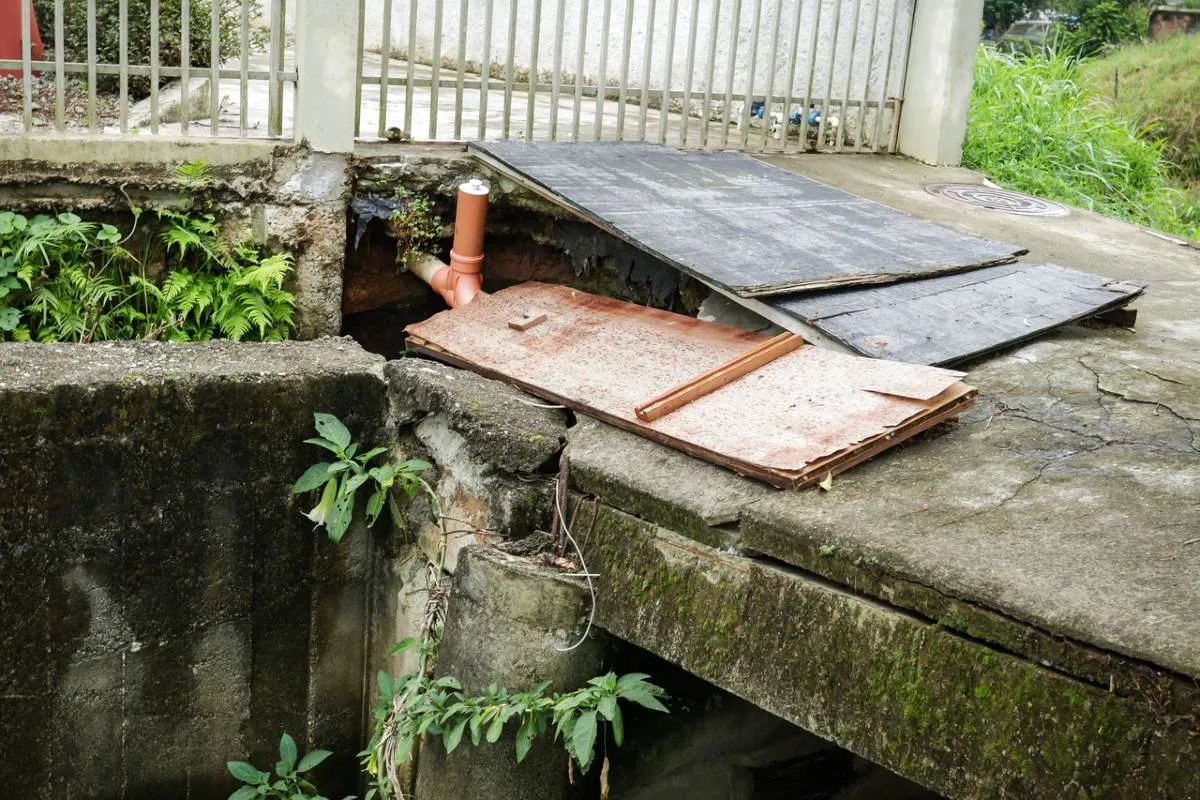 Imagem mostra a Calçada e asfalto cedendo na Rua Joanna Emma Dalpozzo Zardo em Santa Felicidade, às margens do Rio Cascatinha