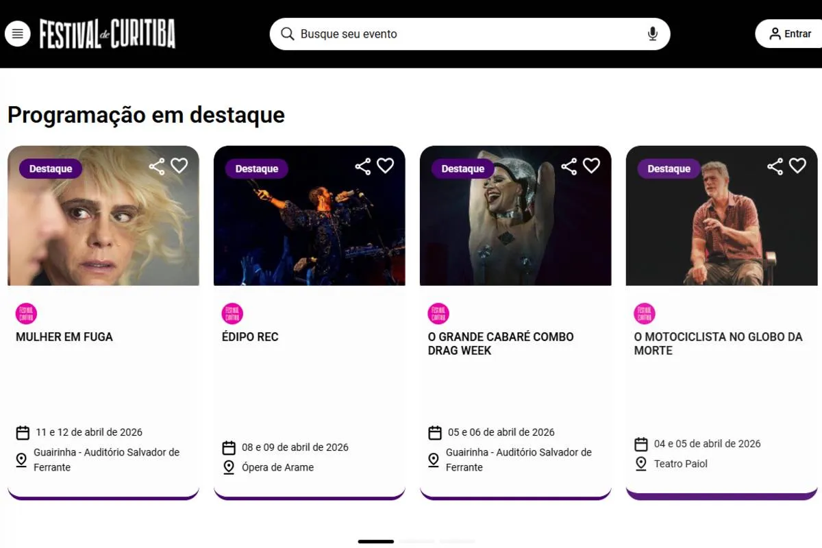Imagem mostra um print do site do Festival de Curitiba 2026
