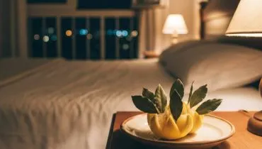 Imagem mostra um limão com filhas de louro em um quarto à noite.