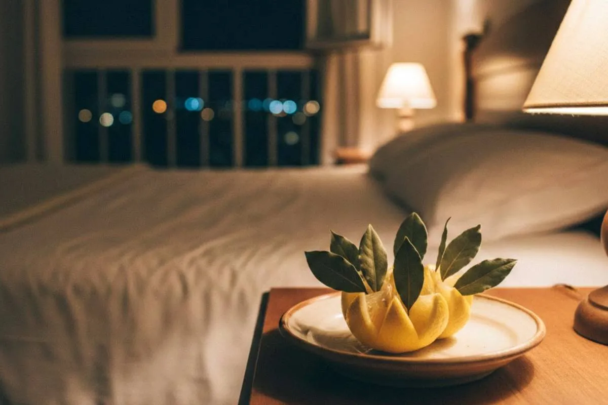 Imagem mostra um limão com filhas de louro em um quarto à noite.