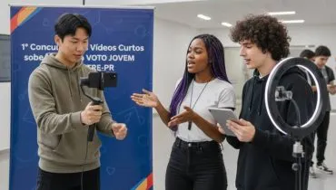 Imagem mostra jovens gravando um vídeo no TRE-PR